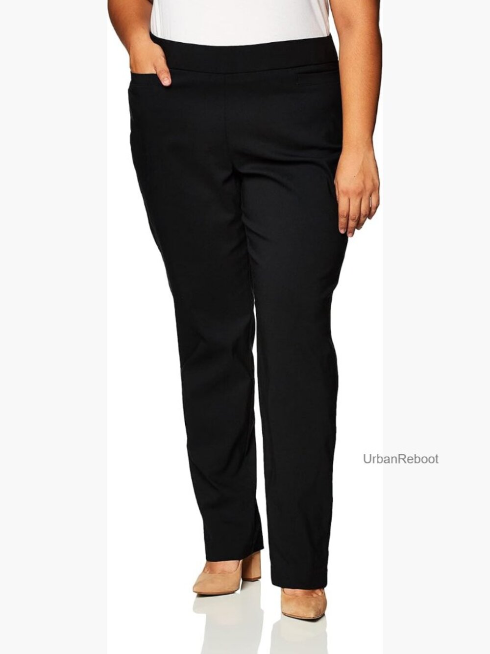 Plus Size Straight Leg Pull On Dress Pants 4 Pockets Stretchy Office Work Slacks